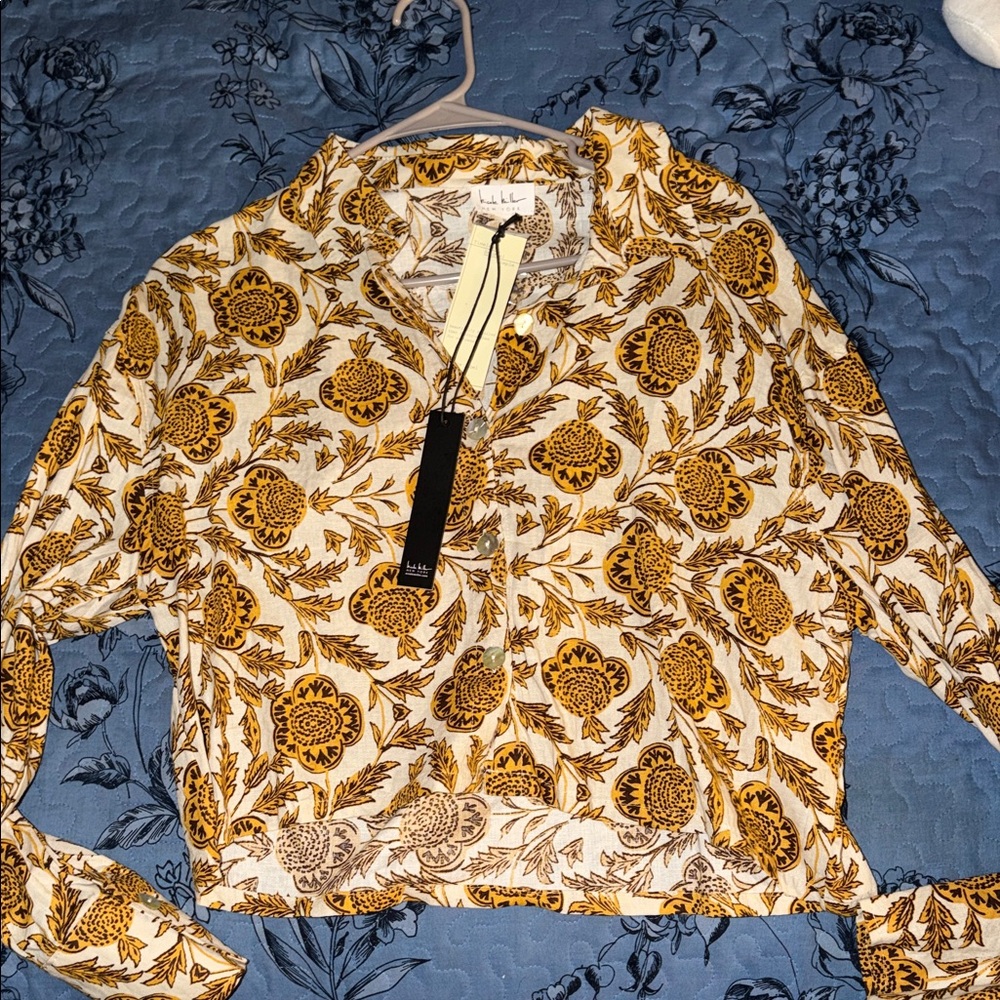 Nicole Miller Mustard Floral Button Down Shirt